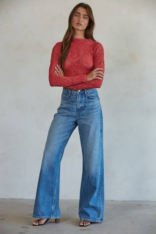 Seamless Jacquard Mock Neck Long Sleeve Top