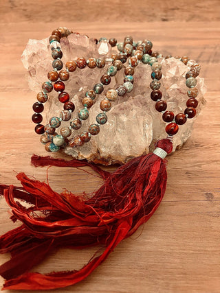Blue Lace Agate Mala with Flowing Fabric Tassel