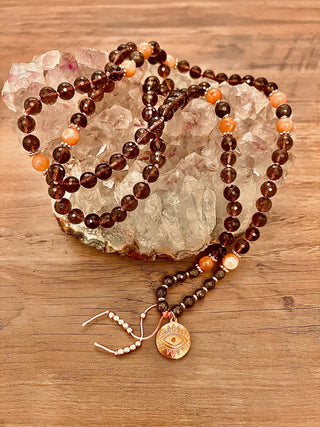 Hand-Knotted Smokey Quartz, Peach Moonstone & Labradorite Mala with Evil Eye Pendant