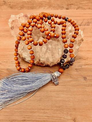 Sandalwood & Sodalite Mala with Hamsa
