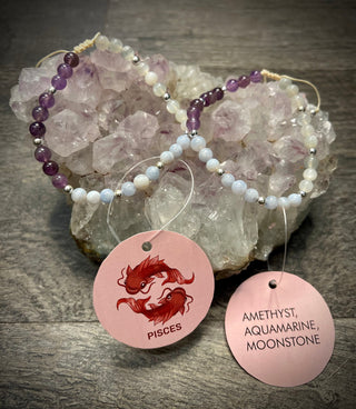 Pisces Zodiac Bracelet - Amethyst, Aquamarine, Moonstone