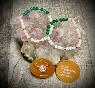 Taurus Zodiac Bracelet - Green Aventurine, Selenite, Pink Opal