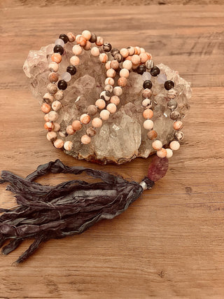 Pink Zebra Jasper & Amethyst Mala