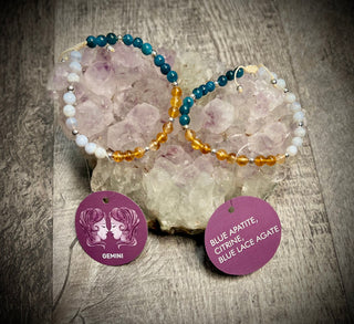 Gemini Zodiac Bracelet - Blue Apatite, Citrine, Blue Lace Agate